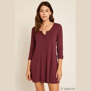 Z Supply Split Neck Roll Tab Sleeve Henley Knit Mini Dress Women S Maroon